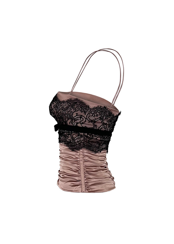 Mauve Silk Ruched Corset Top with Black Lace