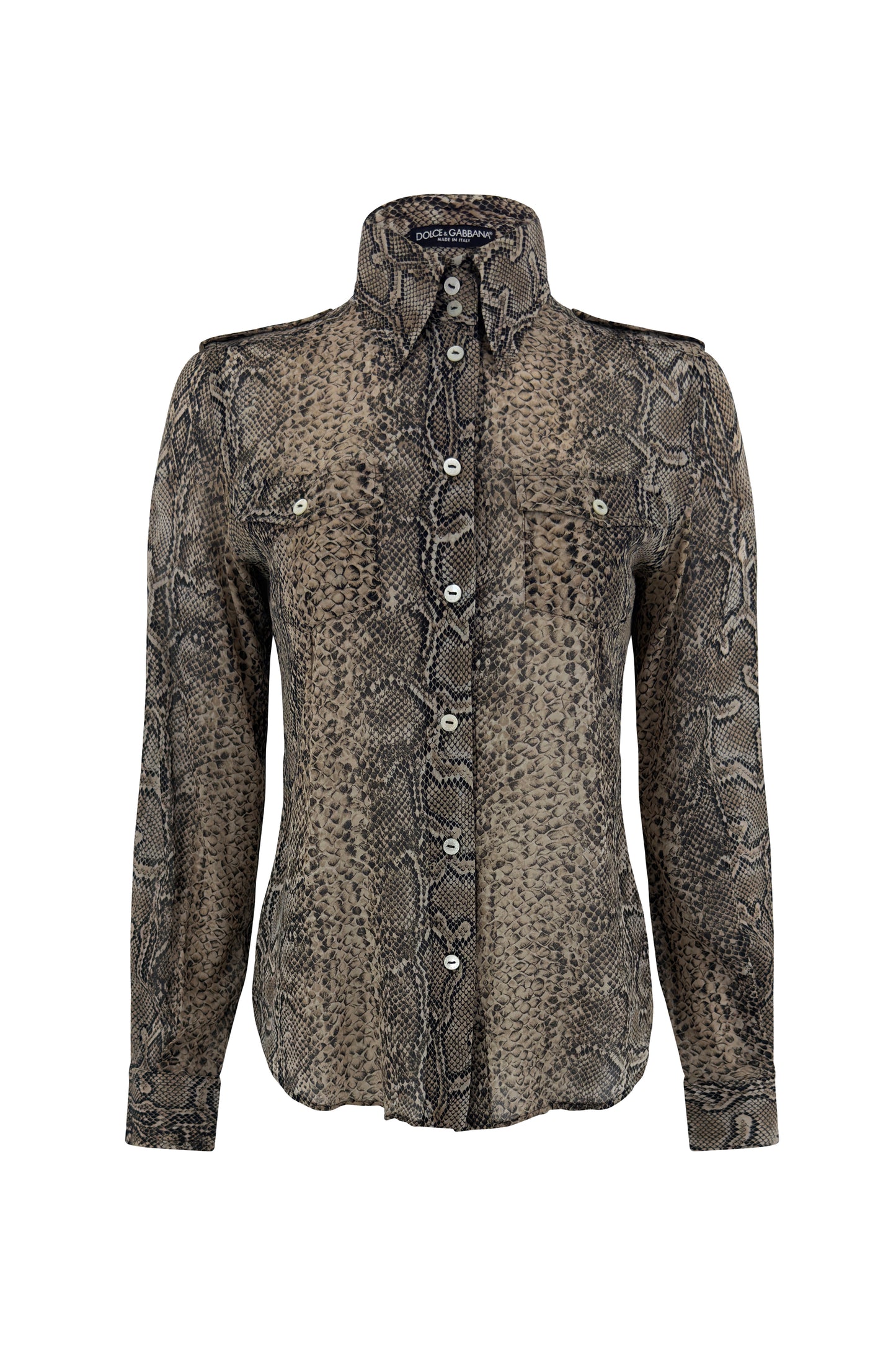 Brown silk snakeskin-print Dolce & Gabbana blouse on white background