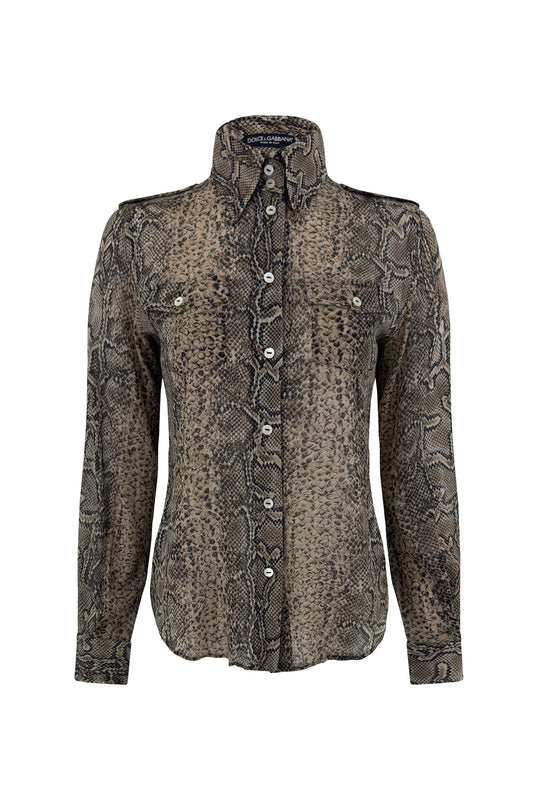 Brown silk snakeskin-print Dolce & Gabbana blouse on white background