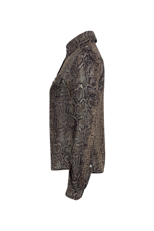 Brown Silk Snakeskin-Print Button-up Blouse