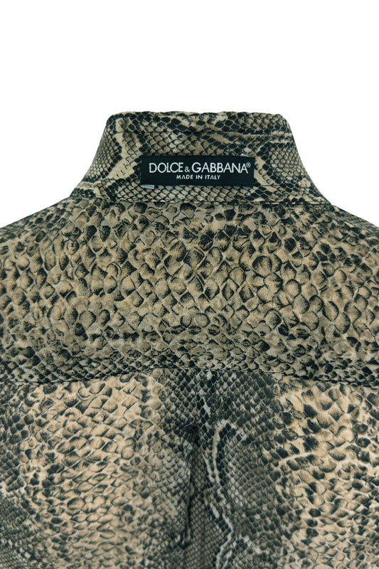 Brown Silk Snakeskin-Print Button-up Blouse