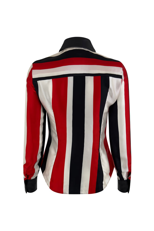 Red White Black Stripe Silk & Leather Top