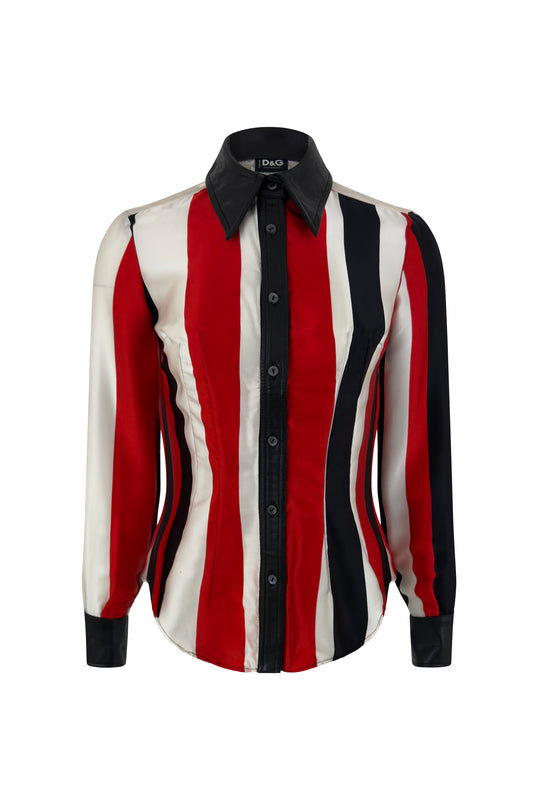 Red, white, and black striped Dolce & Gabbana silk top with black leather trim on front view