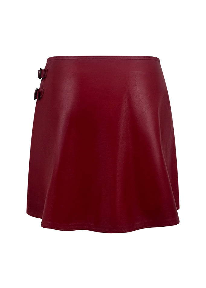 Red Leather Pleated Skirt with Buckles