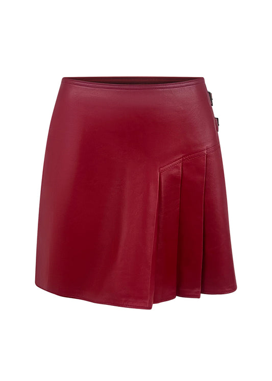 Red Leather Pleated Skirt with Buckles