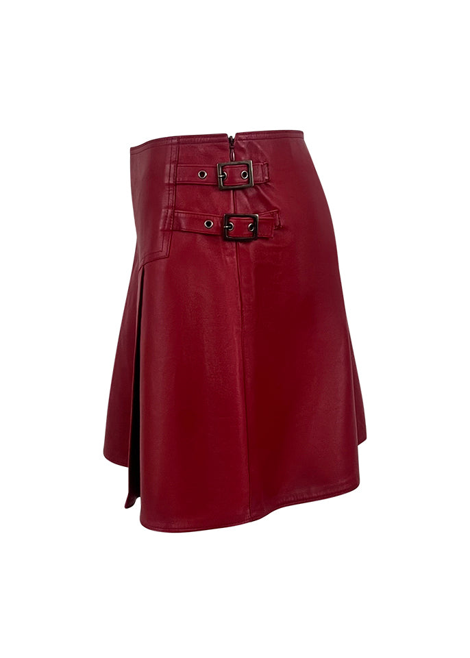 Red Leather Pleated Skirt with Buckles