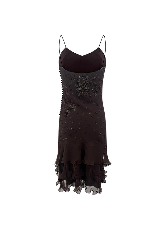 Brown Beaded Silk Bias Midi Dress