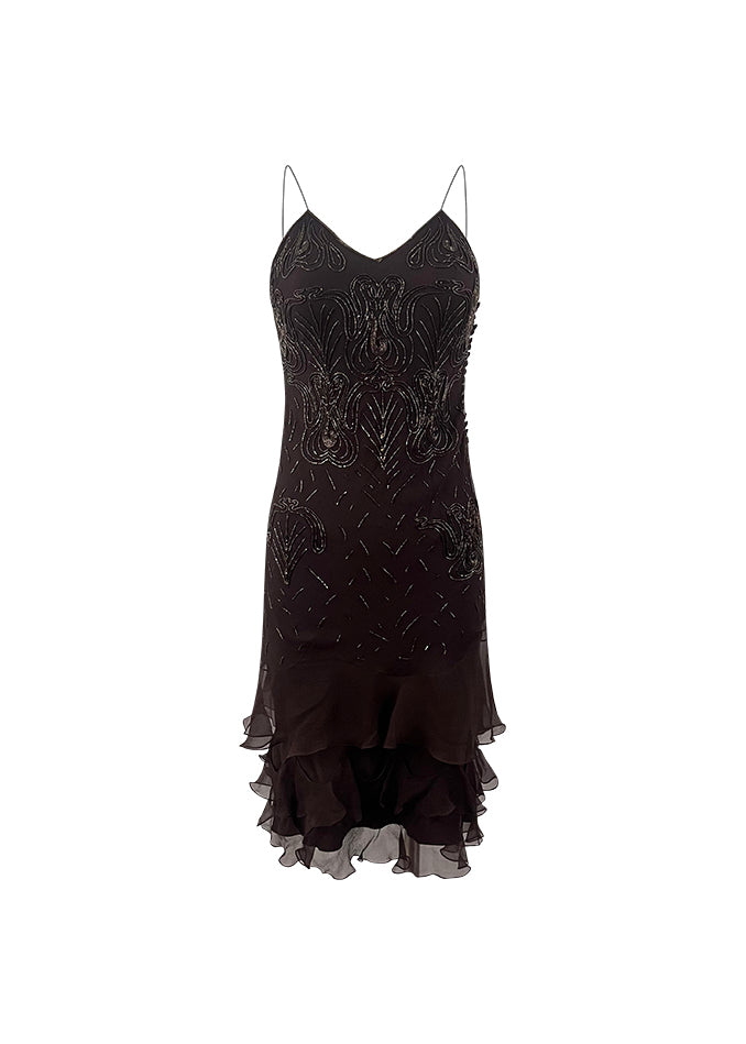 Brown Beaded Silk Bias Midi Dress