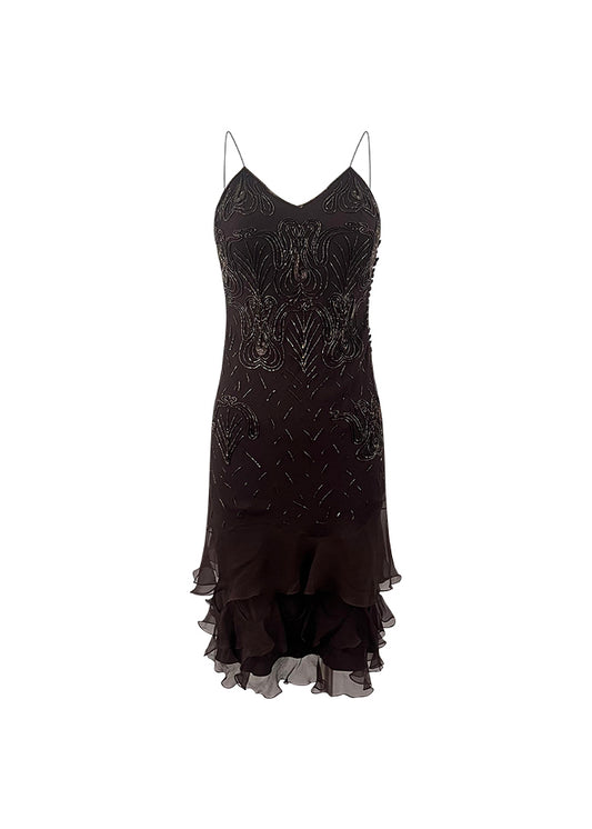 Brown Beaded Silk Bias Midi Dress