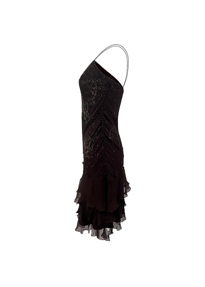 Brown Beaded Silk Bias Midi Dress
