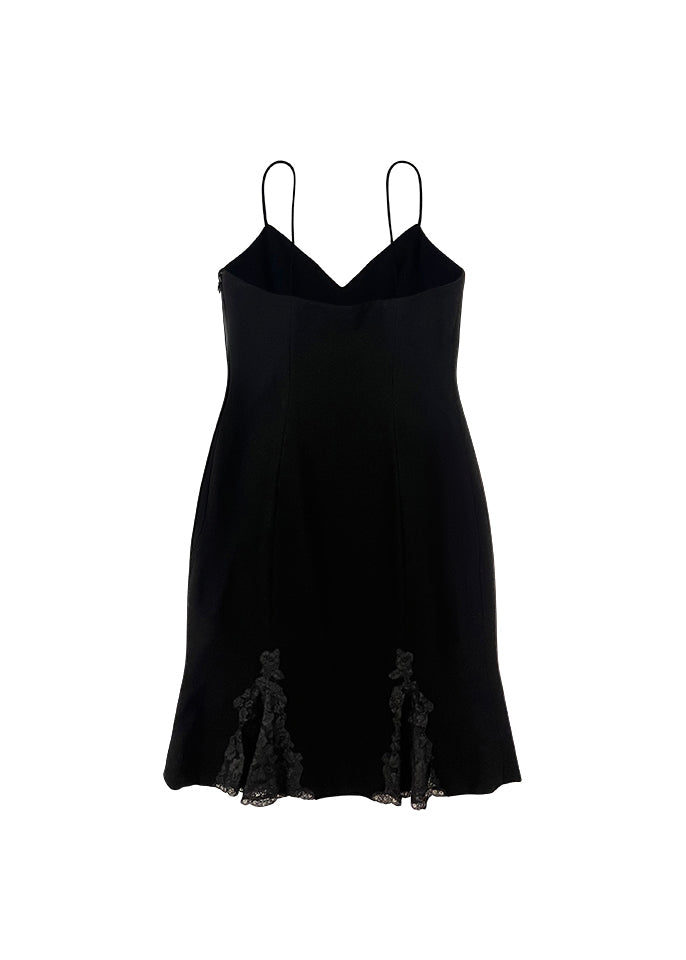 Black Wool Dress with Lace Godets