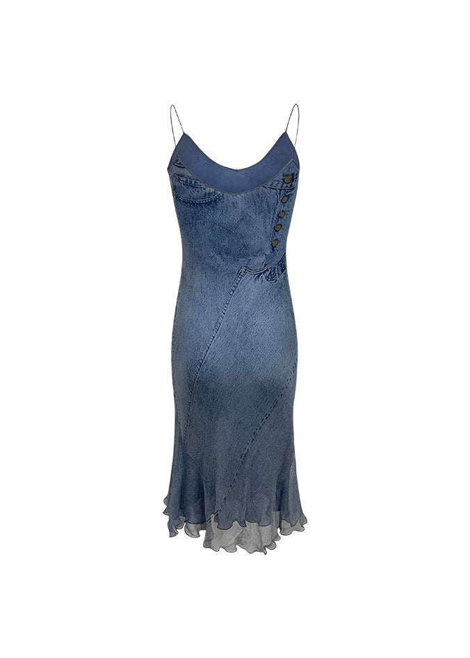 Blue Silk Chiffon Denim Print Bias-Cut Slip Dress