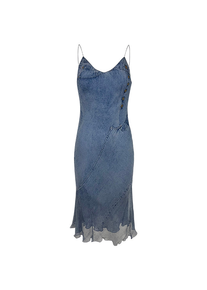 Blue Silk Chiffon Denim Print Bias-Cut Slip Dress