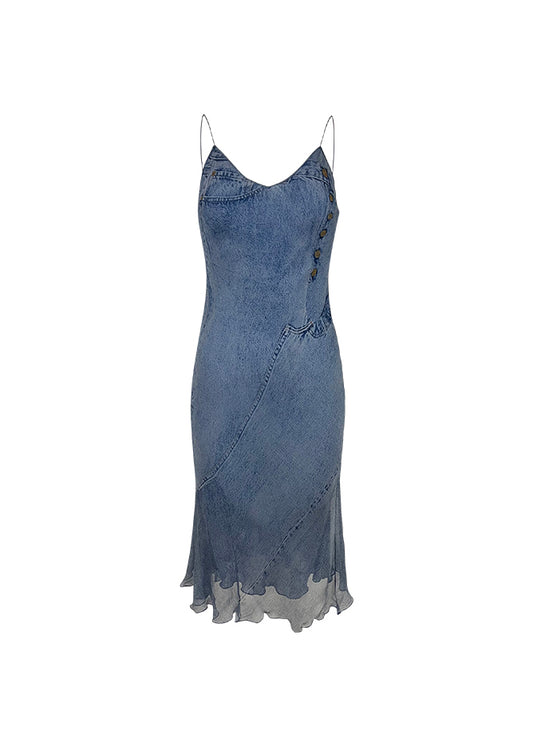 Blue Silk Chiffon Denim Print Bias-Cut Slip Dress