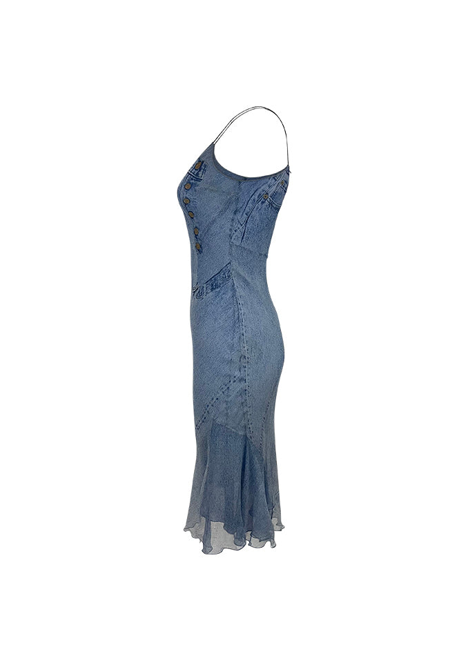 Blue Silk Chiffon Denim Print Bias-Cut Slip Dress