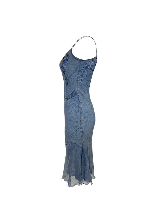 Blue Silk Chiffon Denim Print Bias-Cut Slip Dress