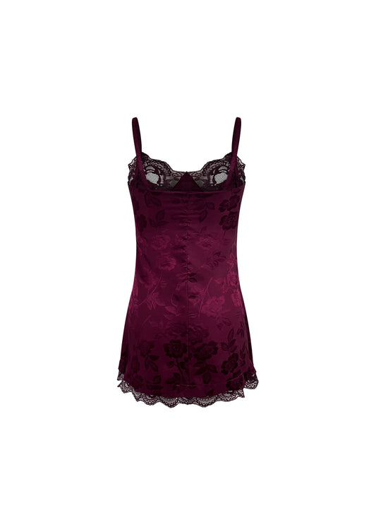 Burgundy Silk Lace Trim Mini Dress