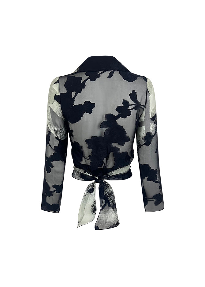 Burnout Black White Floral Silk Wrap Top
