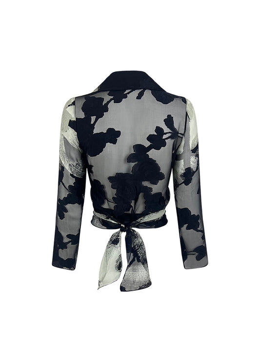 Burnout Black White Floral Silk Wrap Top
