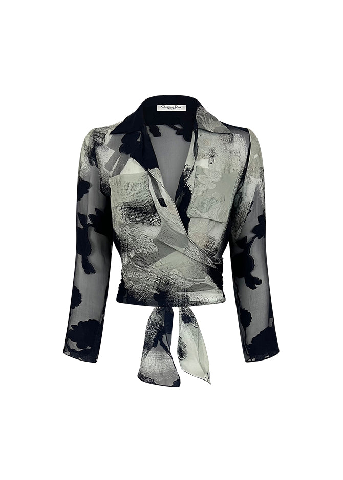 Burnout Black White Floral Silk Wrap Top