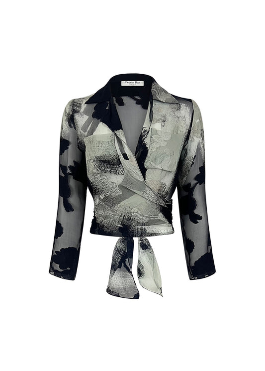 Burnout Black White Floral Silk Wrap Top
