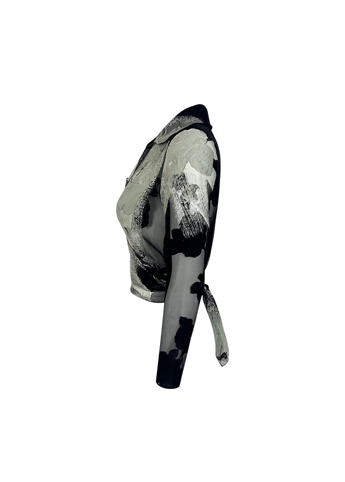 Burnout Black White Floral Silk Wrap Top