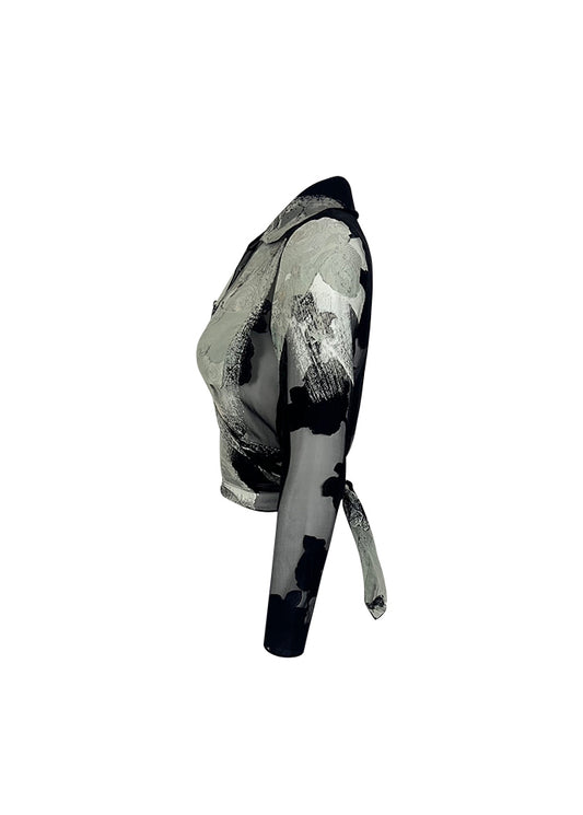 Burnout Black White Floral Silk Wrap Top