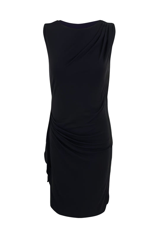 Black Armani sleeveless draped-waist dress on white background