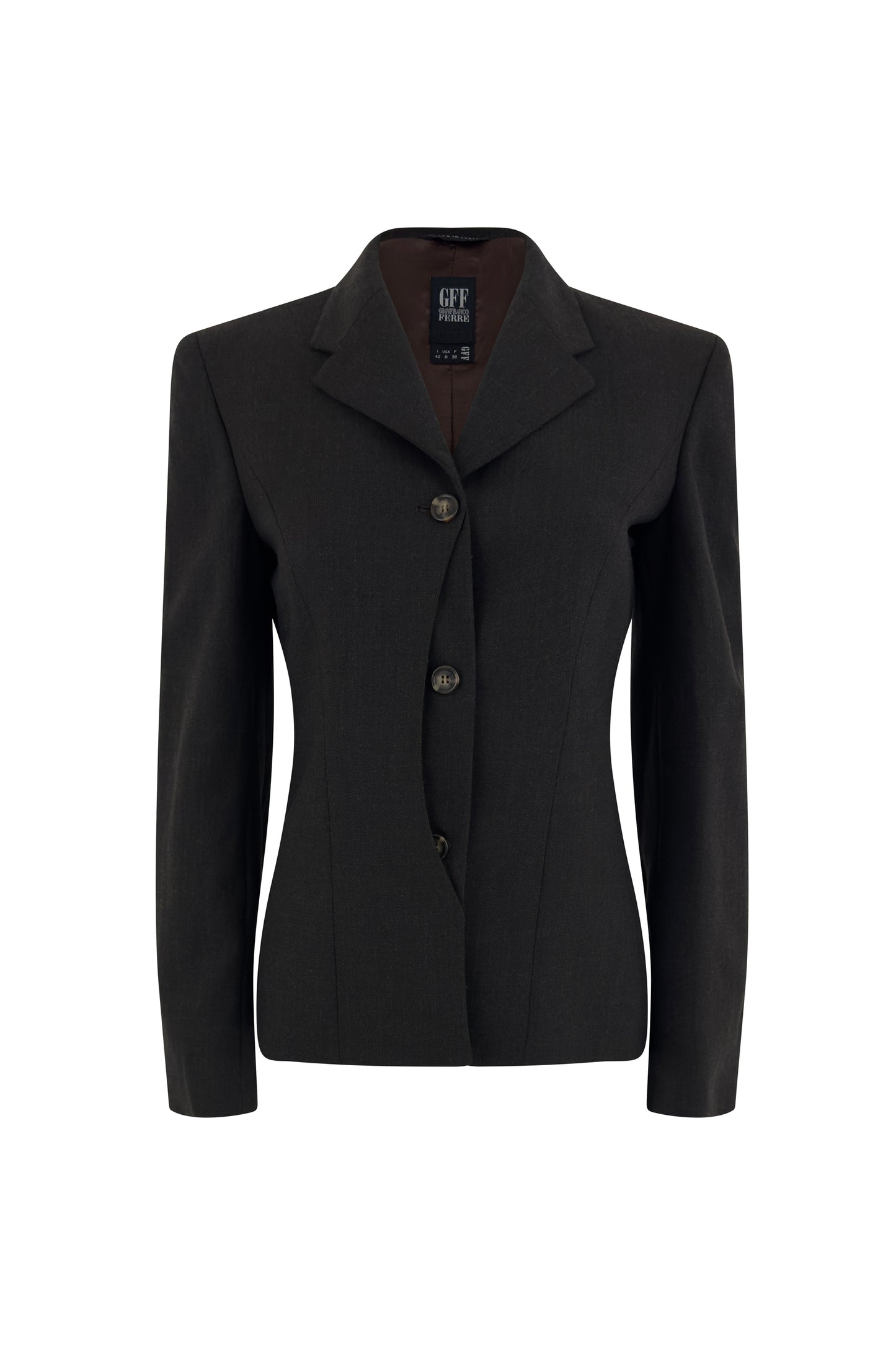 Brown Gianfranco Ferré wool blazer with three-button front and sculpted seams on white background
