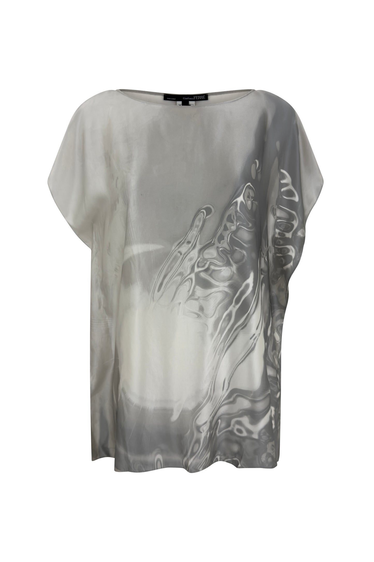 Grey silk Gianfranco Ferré top with abstract water print on white background