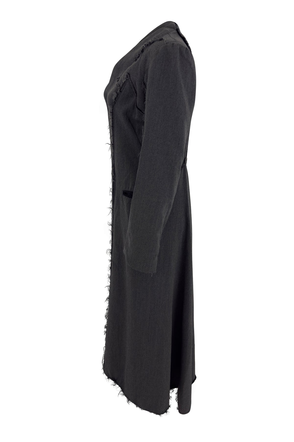 Gray Wool Frayed Hem Long Coat