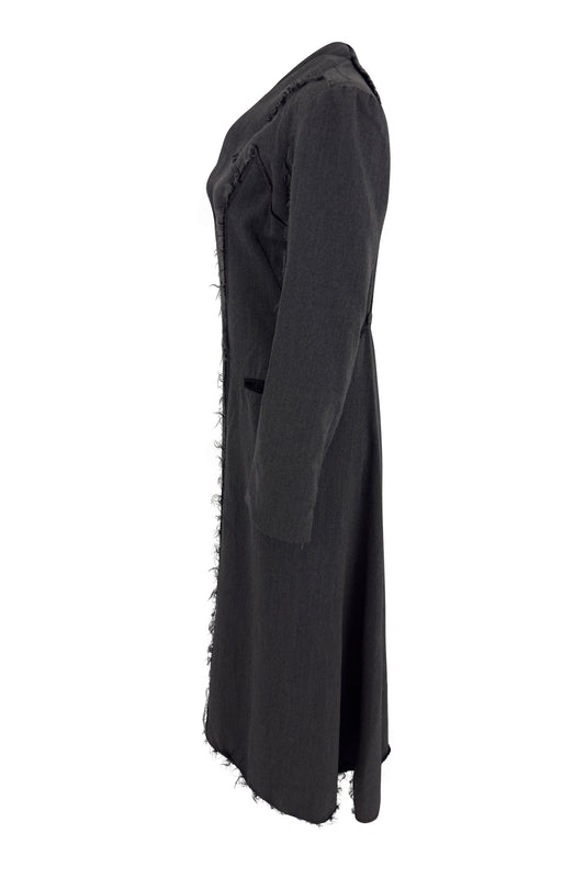 Gray Wool Frayed Hem Long Coat