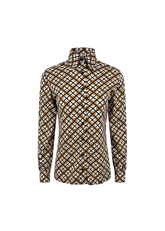 Stretch Knit Geometric Print Button Up