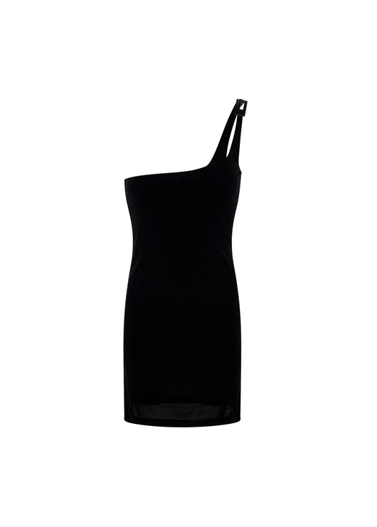 Crystal G Clasp One Shoulder Mini Dress