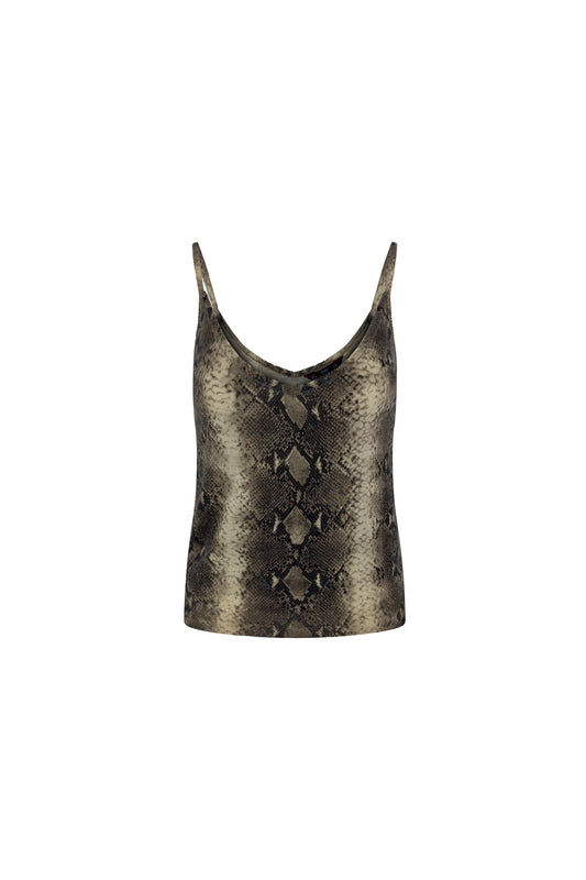 Grey cashmere knit tank with snakeskin print on white background