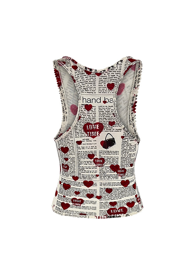 White Newsprint & Hearts Knit Tank