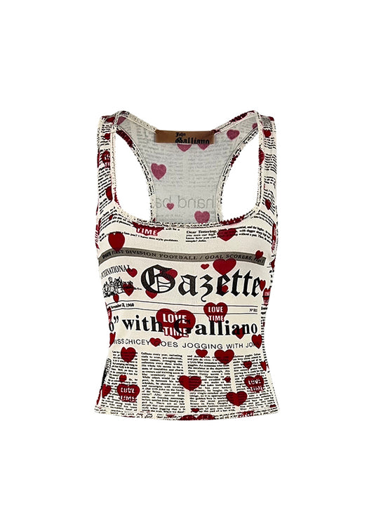 White Newsprint & Hearts Knit Tank