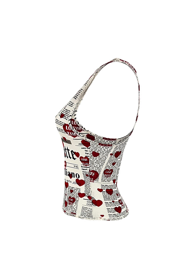 White Newsprint & Hearts Knit Tank