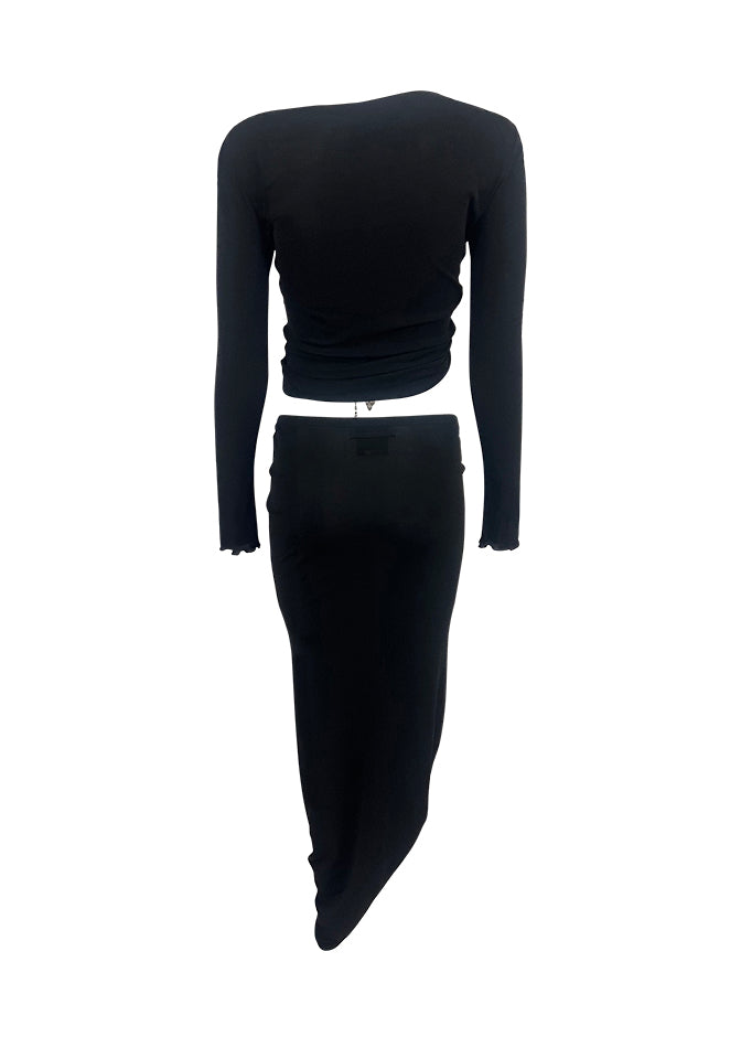 Black Ruched Skirt & Top Set with Charms
