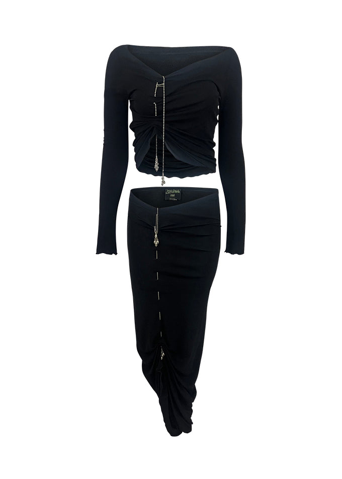 Black Ruched Skirt & Top Set with Charms