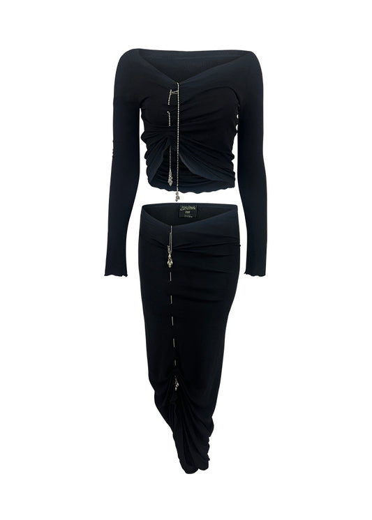 Black Ruched Skirt & Top Set with Charms