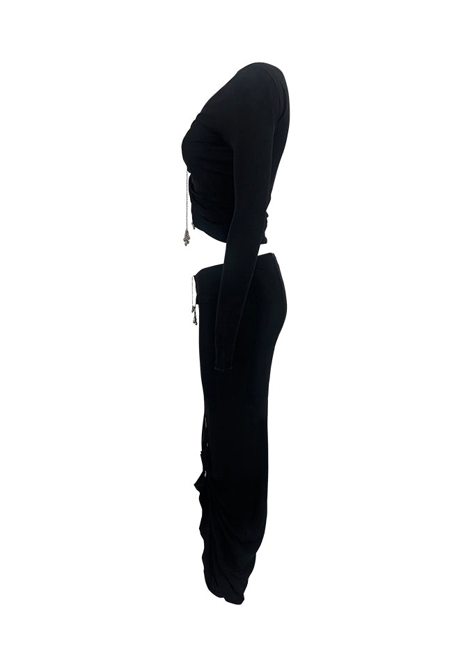 Black Ruched Skirt & Top Set with Charms