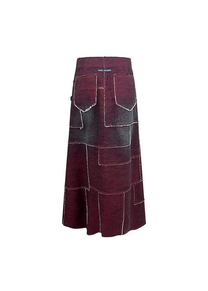 Burgundy Patchwork Denim Maxi Skirt