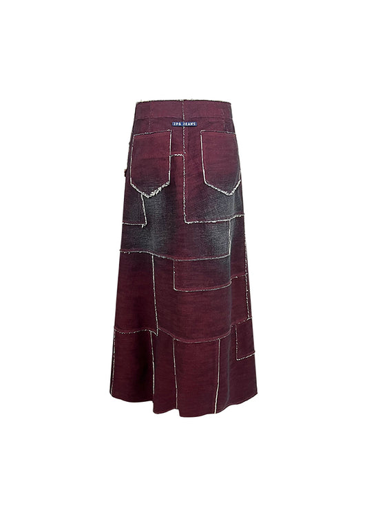 Burgundy Patchwork Denim Maxi Skirt