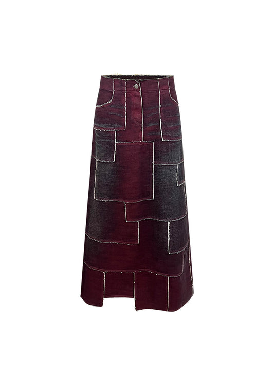Burgundy Patchwork Denim Maxi Skirt
