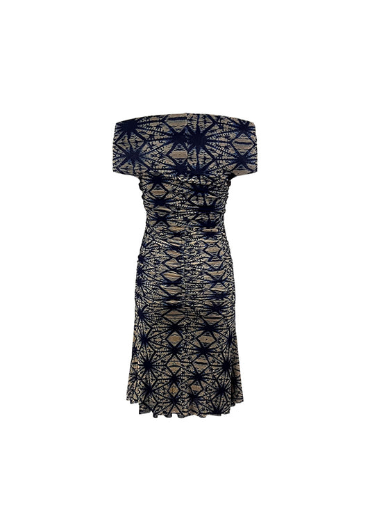 Blue Tie Die Mesh Off-the-Shoulder Dress