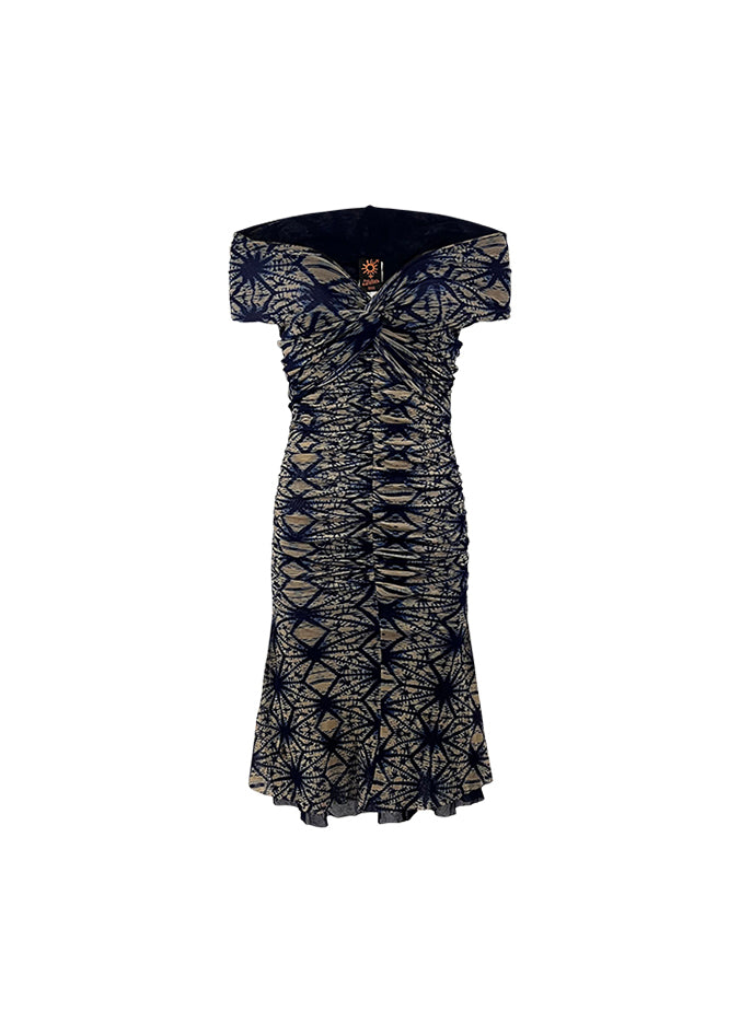 Blue Tie Die Mesh Off-the-Shoulder Dress