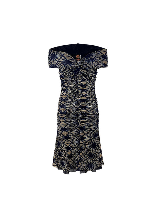 Blue Tie Die Mesh Off-the-Shoulder Dress