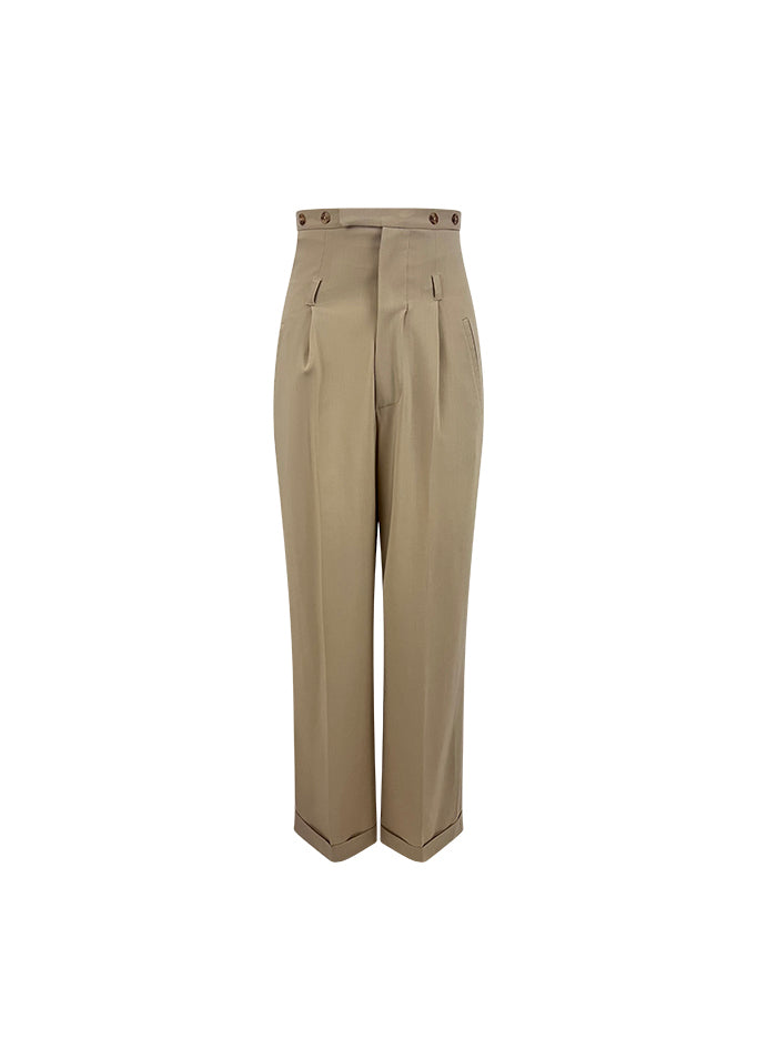 Beige Wool High Waist Trousers