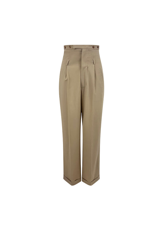 Beige Wool High Waist Trousers